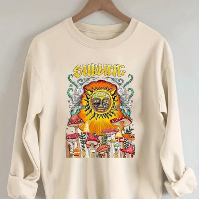 Mushroom & Skeleton Halloween Casual Sweatshirt, Women's Plus Graphic & Art Letter Print Round Neck Long Sleeve Sweatshirt, Women's Clothing