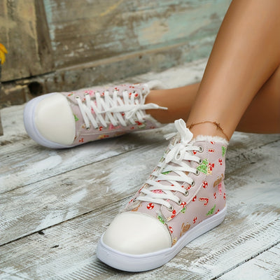 Festive Comfort: Women's Christmas Print Canvas Shoes – Casual, Plush-Lined High Tops for Outdoor Enjoyment