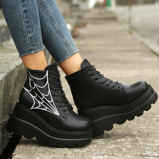 Express yourself with these Spider Web Decor Ankle Boots! Boasting a wedge platform design that will elevate your style, these stylish boots are sure to make a statement on any occasion. Perfect for the modern woman looking to take her fashion game up a notch.