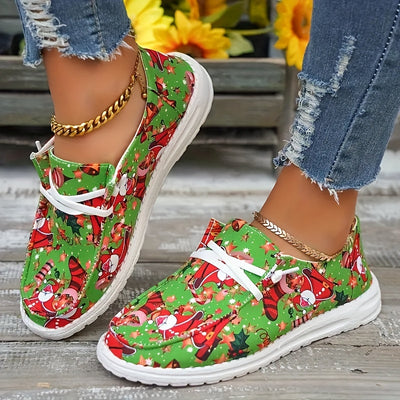 Women's Cartoon Print Casual Loafers: Slip Into Festive Fun with Lightweight Flat Canvas Shoes for Christmas!