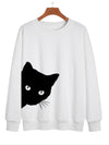 Women's Sweatshirt with Black Cat Print - Long Sleeve, Drop Shoulder, Casual Winter & Fall Style