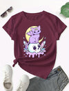 Fierce and Playful: Cartoon Cat Skull Print Crew Neck T-Shirt - Stay Cool and Stylish this Spring/Summer!