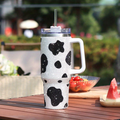 40oz Rhinestone Design and Cow Pattern Stainless Steel Tumbler with Lid and Straw - Portable and Stylish Drinking Cup for Car, Home, Office, and Travel - Perfect Birthday Gift