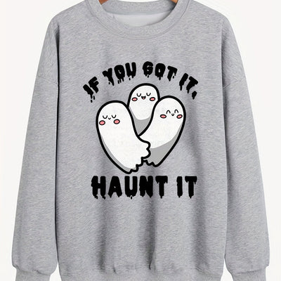 Cute Ghost Print Sweatshirt: Spooktacular Style for Plus-Size Halloween Enthusiasts