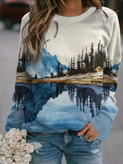 Experience the ultimate comfort and style with our Mountain Oasis sweatshirt. Its landscape print and crew neck design add a touch of casual chic, while the long sleeve drop-shoulder cut ensures a relaxed fit. Stay cozy and on-trend with this must-have piece.