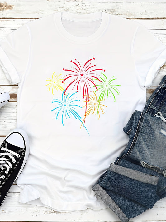 Sparkling Delight: Fireworks Print Crew Neck T-Shirt - Casual Summer Staple for Women's Wardrobe