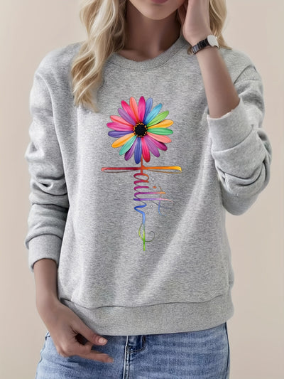 Faith & Colorfull Flower Print Sweatshirt, Casual Long Sleeve Crew Neck Sweatshirt For Fall & Winter, Women's Clothing