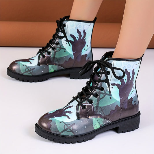 These Halloween-style Combat Boots feature a zombie-inspired print on a chic ankle boot silhouette. Crafted of PU leather, they offer a stylish and comfortable look and feel perfect for casual occasions. Keep your feet cozy and your style eerily trendy with these horror-inspired boots.