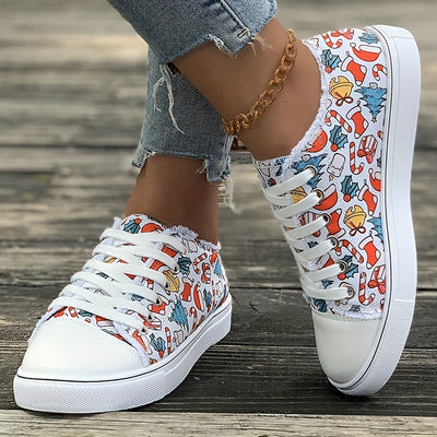 Festive Finesse: Women's Christmas Style Canvas Shoes - Casual Raw Trim Low Top Skate Shoes for All-Season Comfort and Style