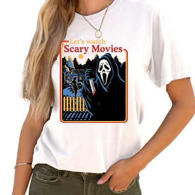 Horrific Halloween Crew Neck T-Shirt: Unleash Your Spooky Side this Halloween with our Casual Short Sleeve T-Shirt for Women