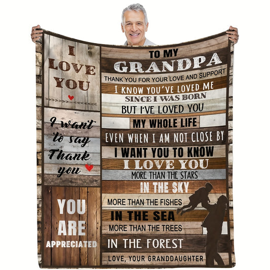 Our Warm and Cozy To My Grandpa Letter Printed Flannel Blanket is the perfect nap blanket for any use. Certified flannel provides long-lasting warmth and comfort while a letter printed design makes it a unique and thoughtful gift for Grandpa. Guaranteed to keep them warm and cozy on their couch, bed, or during travel.
