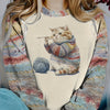 Adorable Feline Frenzy: Women's Cute Cat Print Crew Neck Sweatshirt - Casual, Long Sleeve & Drop Shoulder