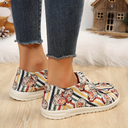 Holiday Cheer: Women's Santa Claus Striped Pattern Sneakers – Christmas Low-Top Flat Loafers for Casual Style and Comfort