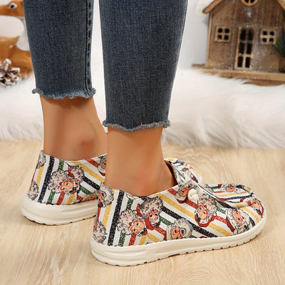 Holiday Cheer: Women's Santa Claus Striped Pattern Sneakers – Christmas Low-Top Flat Loafers for Casual Style and Comfort