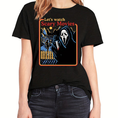 Horrific Halloween Crew Neck T-Shirt: Unleash Your Spooky Side this Halloween with our Casual Short Sleeve T-Shirt for Women