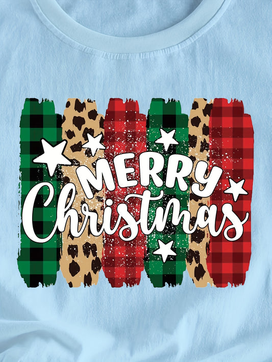 Merry Christmas Letter Print Crew Neck T-Shirt: A Stylish Casual Short Sleeve Top for Spring/Summer Women's Clothing