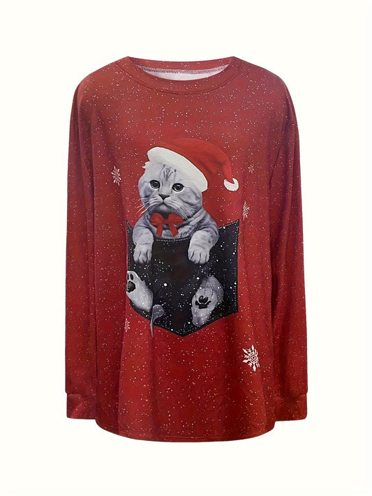 Stay cozy and festive this holiday season with Feline Festivities: Women's Plus Size Christmas Casual Sweatshirt. This sweatshirt features a charming cat print and long sleeves, perfect for adding some holiday cheer to your wardrobe. Made with comfort and style in mind, it's the purr-fect addition to your winter wardrob