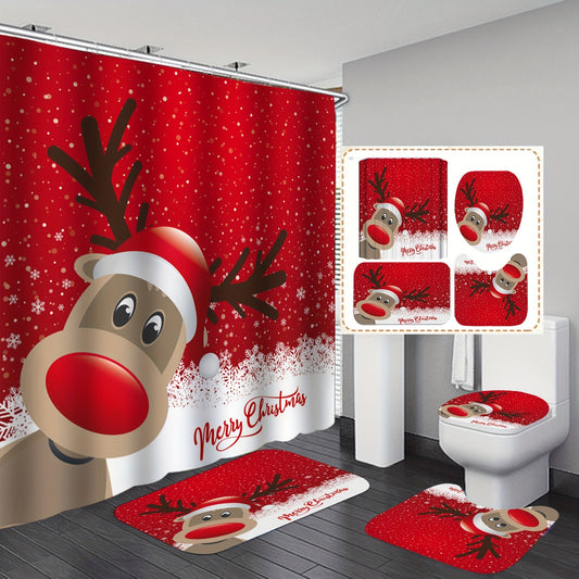 Transform your bathroom into a festive winter wonderland with the Christmas Elk Shower Curtain Set. Decorate your bathroom with a water-resistant shower curtain and matching non-slip rug, featuring an adorable Christmas elk pattern. Complete the look with the included toilet accessories.