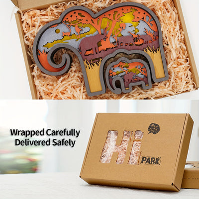 Elephant Baby 3D Wooden Art Carving LED Night Light: Exquisite Wood Carved Home Decor and Perfect Gift for Father's Day