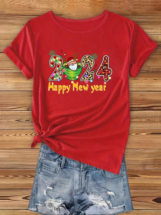 Celebrate the new year in style with our 2024 New Year Print T-Shirt! This crew neck top is both fun and stylish, perfect for the spring and summer seasons. Made with casual short sleeves, it is a comfortable and trendy addition to any wardrobe. Available for women's clothing.