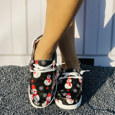 Festive Footwear: Womens' Christmas Snowman Print Shoes - Casual Lace-up, Non-slip Canvas Shoes for Lightweight, Slip-on Style