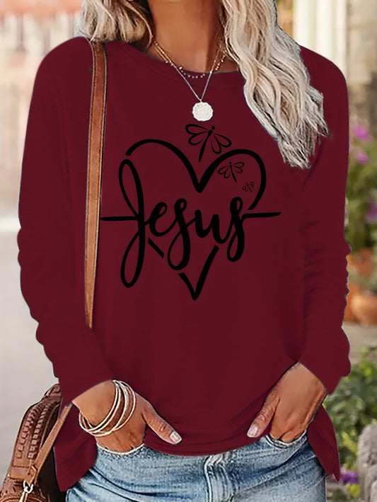 This women's casual long sleeve top is perfect for spring/fall with its Jesus Heart print. Made with high-quality materials, it provides both comfort and style. The eye-catching design showcases your faith while keeping you warm and fashionable. An ideal addition to any wardrobe for any season.