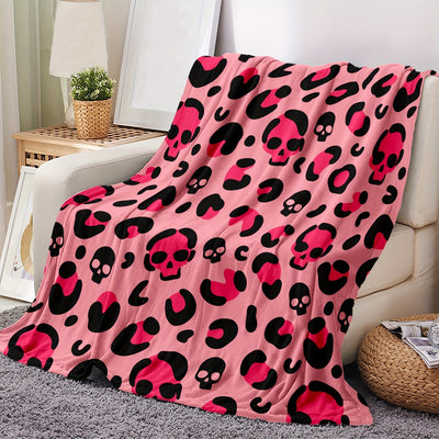 Cozy and Stylish: Pink Skull Leopard Print Flannel Blanket, Perfect for Couch, Sofa, Office, Bed, Camping, and Traveling