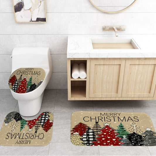 Complete Your Christmas Décor with Our 4-Piece Tree Bathroom Set: Water-Resistant Curtain, Non-Slip Rug, and Toilet Cover – Perfect for Festive Bathrooms!