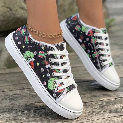 Step into Festive Fun with Women's Elf-Printed Canvas Sneakers: Casual Christmas Flat Shoes