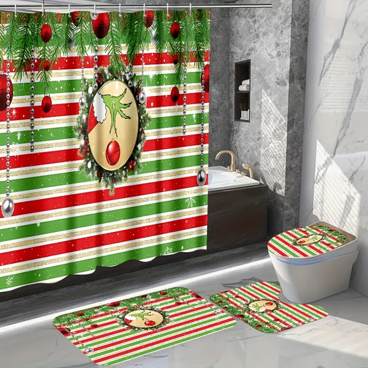 Stylish and Festive: 4-Piece Striped Bell Pattern Shower Curtain Set with Bathroom Rug and Accessories - Christmas Decorations