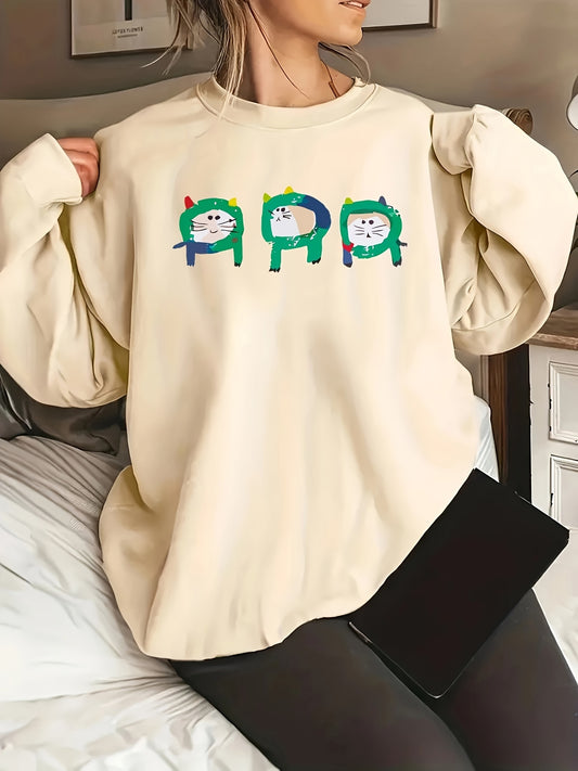 This long sleeve sweatshirt for women features a whimsical and playful cartoon cat print, adding a touch of fun and creativity to your wardrobe. Its casual crew neck design and comfortable fit make it the perfect addition for any casual outfit. Show off your unique style with this must-have piece!