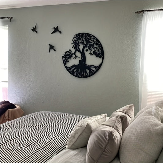 This metal art features a detailed Tree of Life design with three birds perched on its branches, making a beautiful addition to any indoor space. Crafted from high-quality steel, this stunning wall decor is perfect for any bedroom, living room, or kitchen, providing a timeless touch of decor to your home.