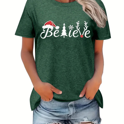 Festive Fashion: Christmas Graphic Letter Print T-Shirt - Casual Short Sleeve Top for Spring/Summer in Women's Clothing