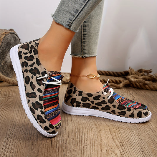 Stylish Leopard & Striped Color Print Canvas Sneakers for Women - Comfortable Lace-Up Low Top Slip-Ons for Walking and Fashion