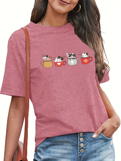 Cute and Quirky: Cup Cat Print Crew Neck T-Shirt - Casual Short Sleeve Top for Spring/Summer Women's Clothing