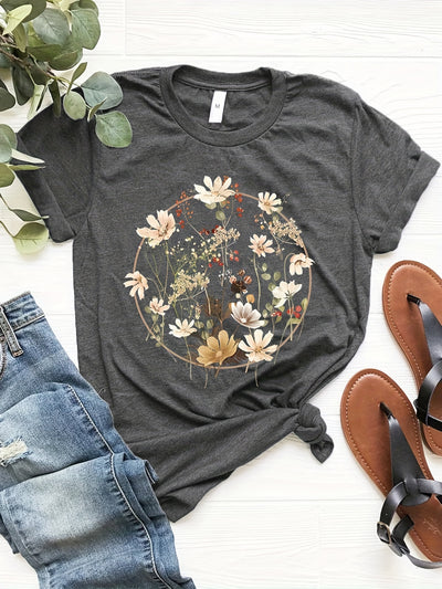 This Floral Graphic Print Crew Neck T-Shirt is the perfect addition to any woman's wardrobe. A casual short-sleeve style for spring and summer, this relaxed-fit t-shirt features a beautiful floral graphic print for a unique look. With comfortable, quality fabric, this t-shirt will keep you feeling stylish and cool all season long.