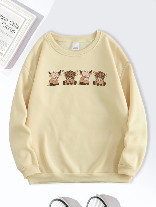 "Cute and Cozy: Cow Print Pullover Sweatshirt for Women is the perfect addition to your casual wardrobe. Made from soft and comfortable fabric, this sweatshirt features a trendy cow print design, adding a playful and stylish touch to your outfit. Stay warm and fashionable with this must-have piece!"