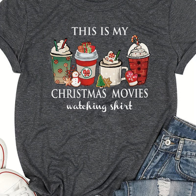 Christmas Coffee Pattern Tee: Festive and stylish short sleeve crew neck t-shirt for women's casual wear