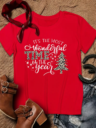 Leopard Christmas Tree and Letter Print T-Shirt: A Stylish and Casual Top for Spring/Summer Women's Clothing