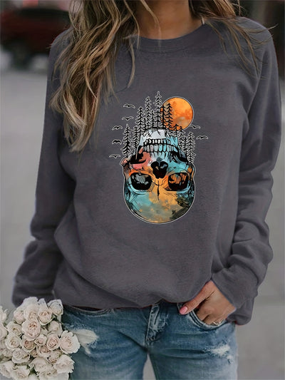 Spooky Chic: Halloween Skull Forest Print Sweatshirt - A Must-Have for Women's Casual Wear