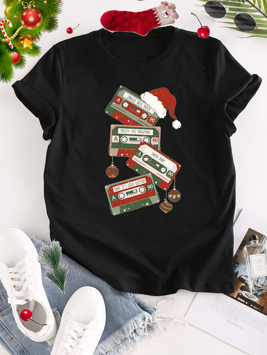 This festive t-shirt features a charming Christmas hat, radio, and tape print that will spread holiday cheer all year long. Made from soft and comfortable fabric, it's the perfect casual top for spring and summer. Embrace the festive spirit with this stylish and versatile women's clothing option.