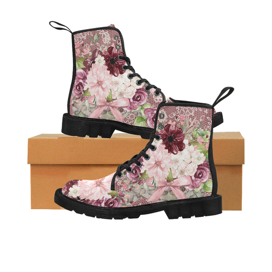 Watercolor Bouquet Boots, Burgundy Martin Boots for Women