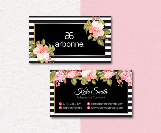 Black Arbonne Business Card, Personalized Arbonne Business Cards Flower Style AB02