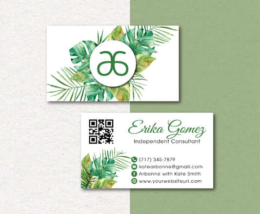 Green Leave Personalized Arbonne Business Cards, QR Code Arbonne Business Card AB08