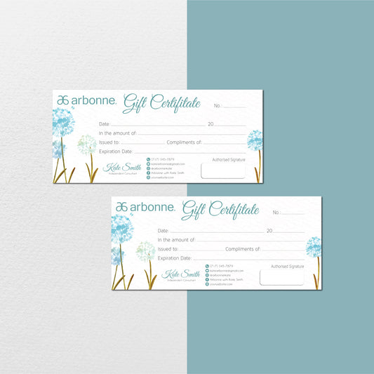 Hand Drawn Dandelion Flower Arbonne Gift Certificate, Personalized Arbonne Business Cards AB125