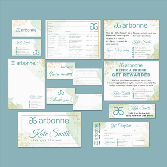 Gold Pattern And Green Watercolor Arbonne Marketing Bundle, Personalized Arbonne Cards, Arbonne Business Card AB126