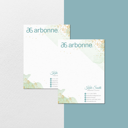 Gold Pattern And Green Watercolor Arbonne Note Card, Personalized Arbonne Business Cards AB126