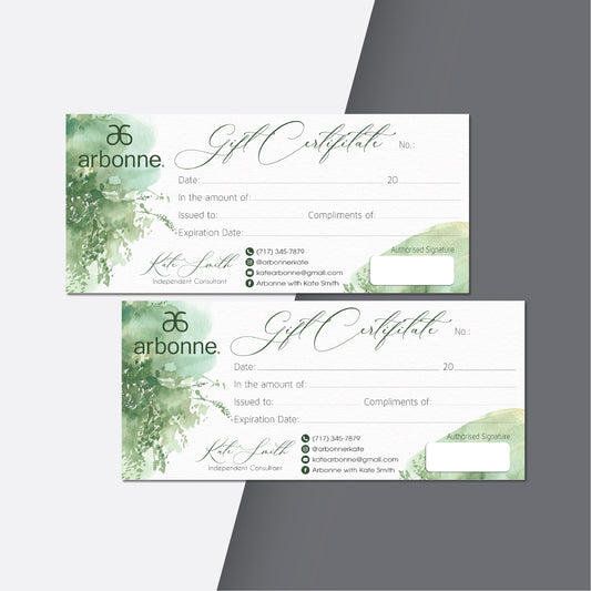 Green Leaves Arbonne Gift Certificate, Personalized Arbonne Business Cards AB138