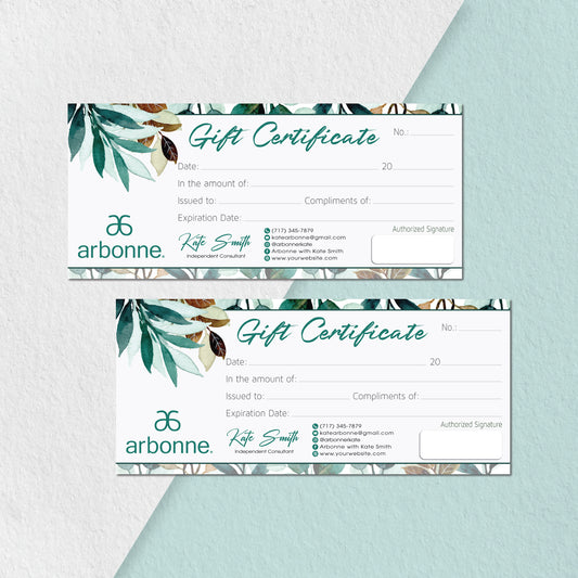 Watercolor Leaves Arbonne Gift Certificate, Personalized Arbonne Business Cards AB146