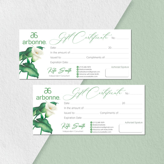 Green Watercolor Flowers Arbonne Gift Certificate, Personalized Arbonne Business Cards AB147